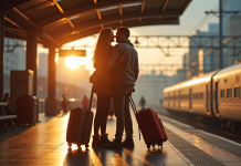 Adieux entre amis à la gare avec valises et soleil