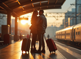 Conseils pour bien souhaiter bon voyage : manière de dire adieu avant le départ Adieux entre amis à la gare avec valises et soleil