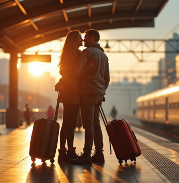 Conseils pour bien souhaiter bon voyage : manière de dire adieu avant le départ Adieux entre amis à la gare avec valises et soleil