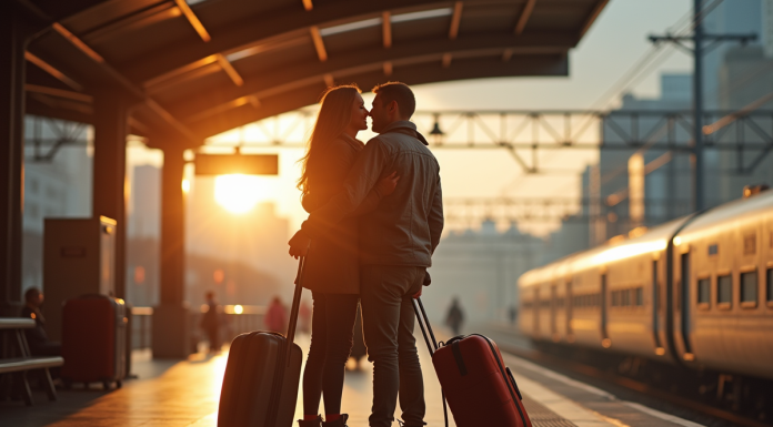 Adieux entre amis à la gare avec valises et soleil