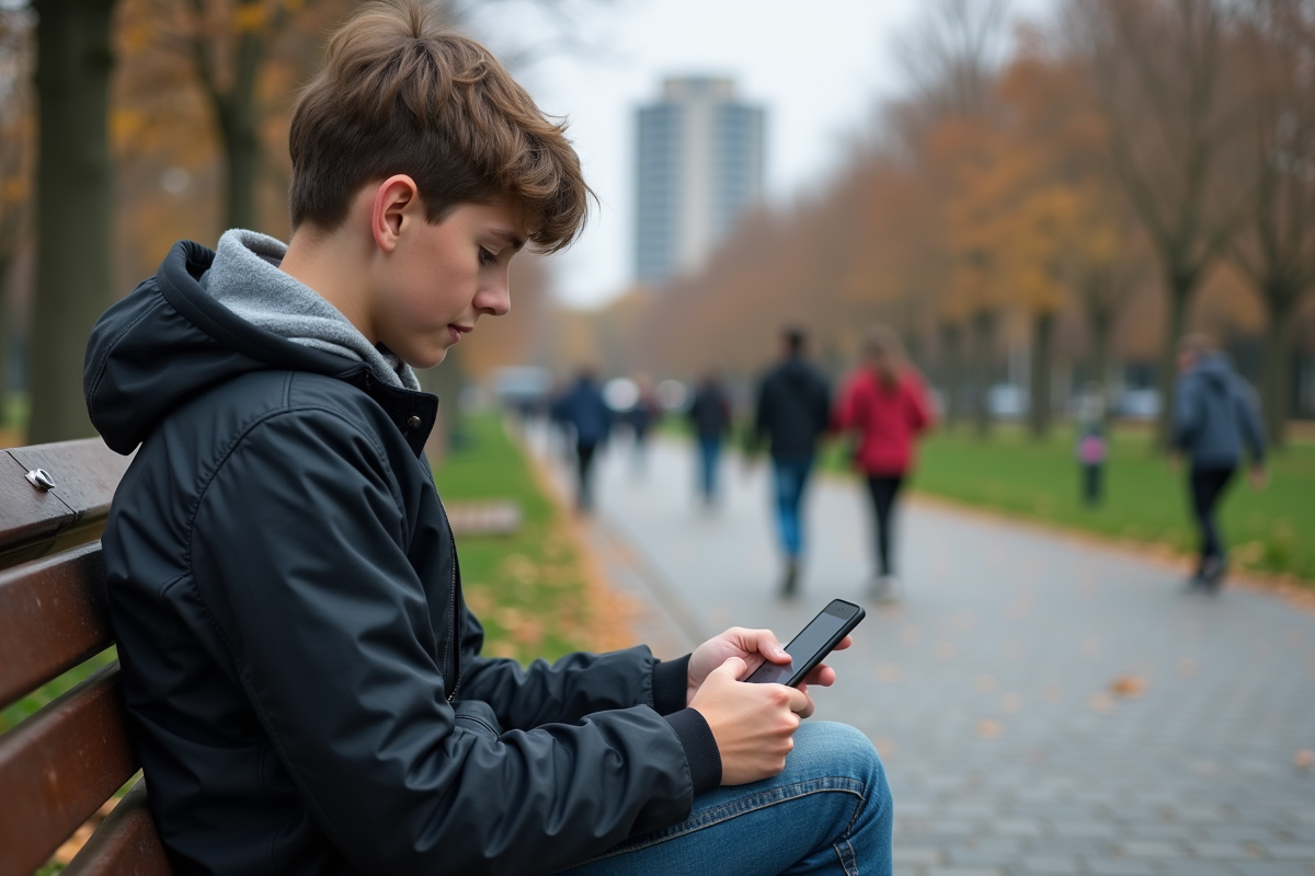 Adolescent étudiant une carte numérique dans un parc