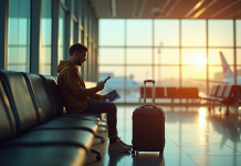 Salon d'aéroport moderne avec voyageur pensif et passeport