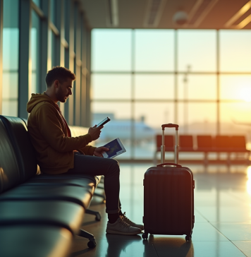 Salon d'aéroport moderne avec voyageur pensif et passeport