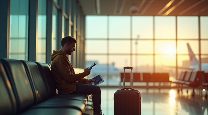 Salon d'aéroport moderne avec voyageur pensif et passeport