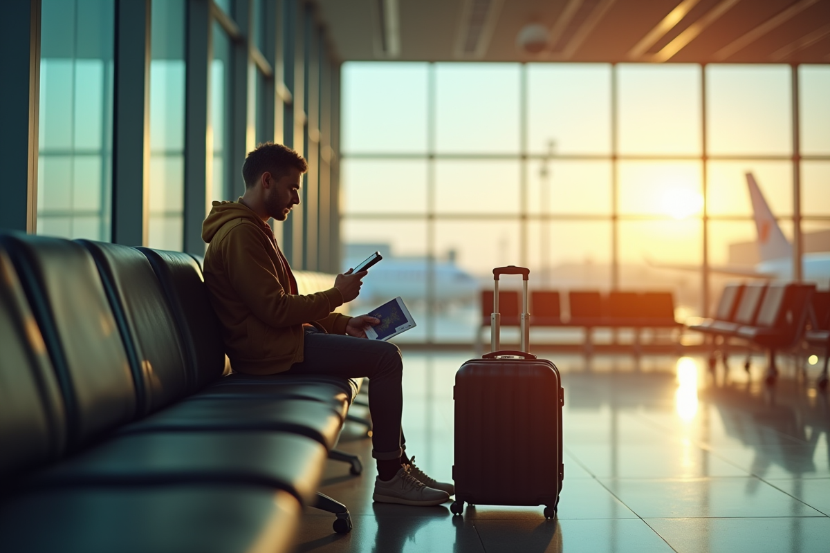 Salon d'aéroport moderne avec voyageur pensif et passeport