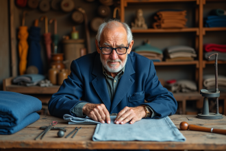 Artisan français âgé cousant un parapluie dans son atelier