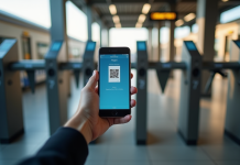 Personne tenant un smartphone avec QR code train à la gare