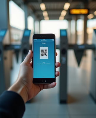 Personne tenant un smartphone avec QR code train à la gare