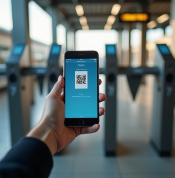Personne tenant un smartphone avec QR code train à la gare