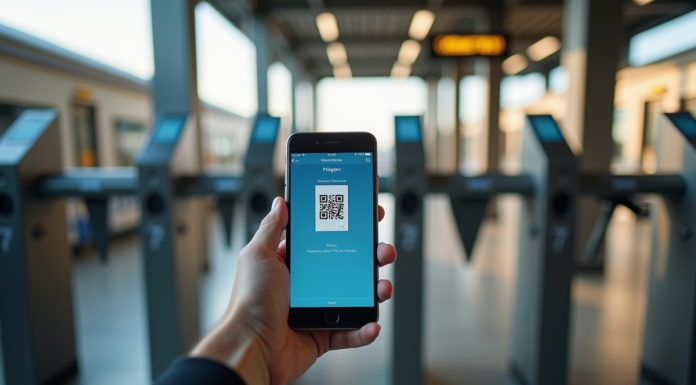 Personne tenant un smartphone avec QR code train à la gare