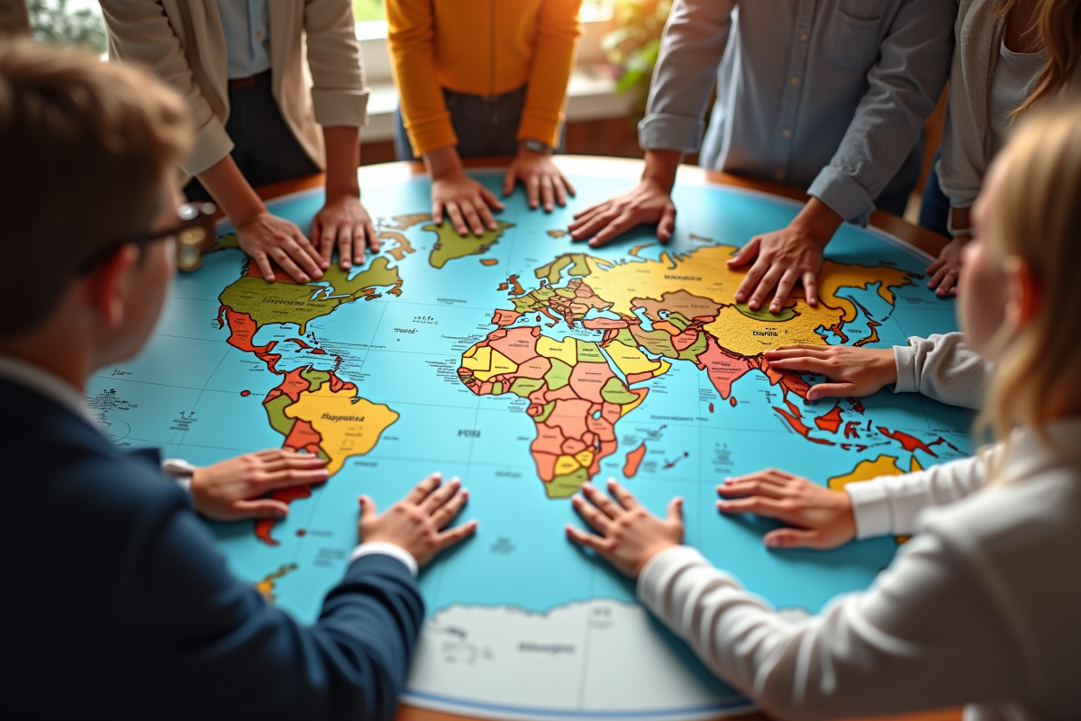 Groupe autour d une table avec une carte du monde symbolisant la diversité