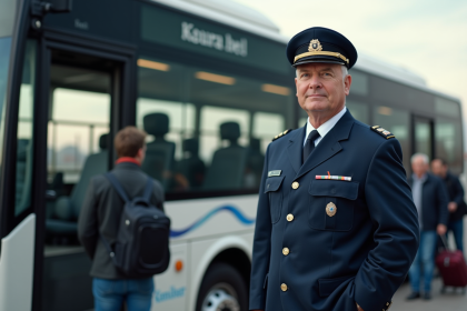 Conducteur de bus en uniforme navy devant autocar moderne