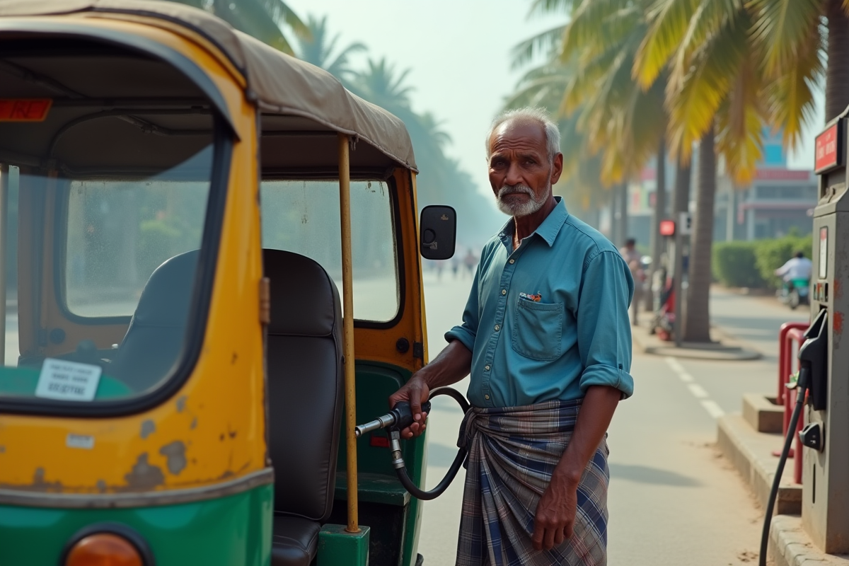 Homme en lungi et chemise bleue refilant son tuktuk coloré