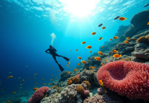 Reef corallien coloré avec plongeur et poissons