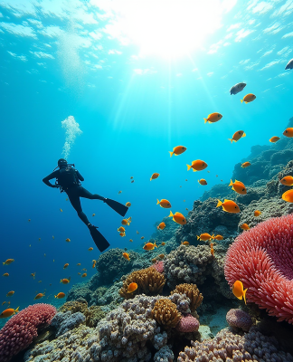 Reef corallien coloré avec plongeur et poissons