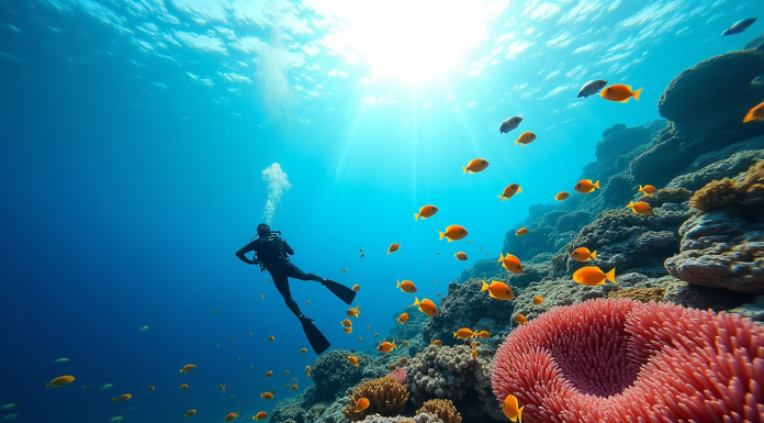 Reef corallien coloré avec plongeur et poissons