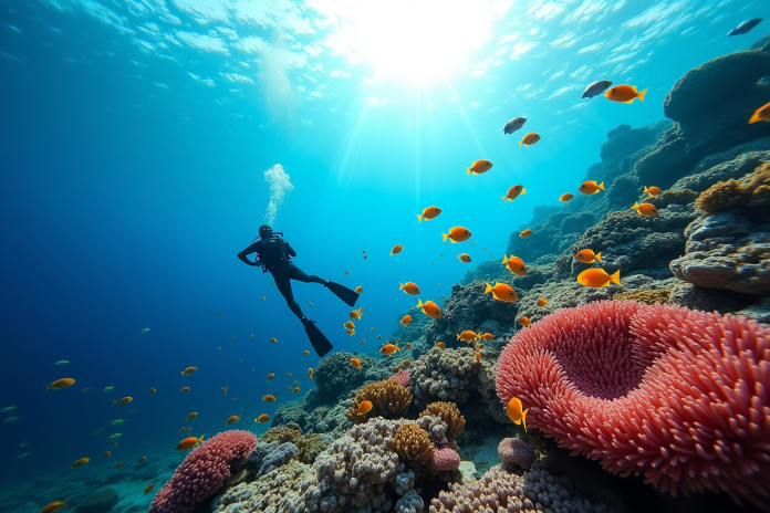 corail-reef-plongee Reef corallien coloré avec plongeur et poissons