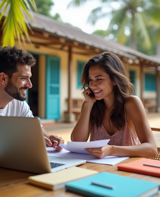 Couple discutant budget voyage à La Réunion en plein air