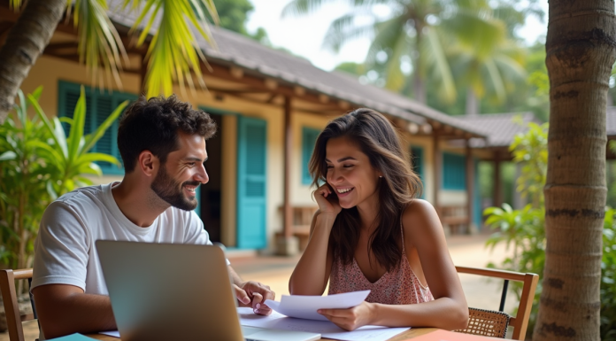 Couple discutant budget voyage à La Réunion en plein air