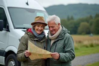 Couple souriant avec camping-car en nature