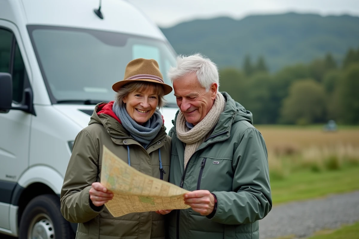 Couple souriant avec camping-car en nature