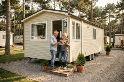 Couple devant un mobil-home moderne dans un parc résidentiel de loisirs entouré de pins, consultant une brochure de marques de mobil-homes