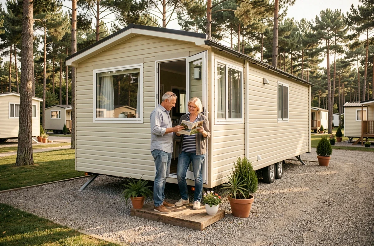 Couple devant un mobil-home moderne dans un parc résidentiel de loisirs entouré de pins, consultant une brochure de marques de mobil-homes