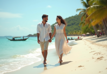 Couple marchant sur la plage de Zanzibar au coucher du soleil