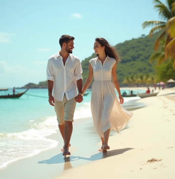 Meilleure période pour visiter Zanzibar : climat, saisons, idées de voyage Couple marchant sur la plage de Zanzibar au coucher du soleil