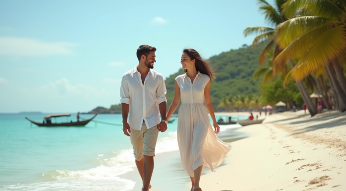 Couple marchant sur la plage de Zanzibar au coucher du soleil
