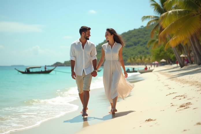 Couple marchant sur la plage de Zanzibar au coucher du soleil