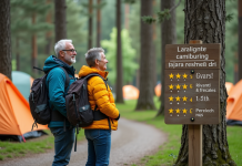 Couple de randonneurs souriants devant panneau d information camping