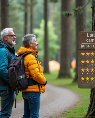 Couple de randonneurs souriants devant panneau d information camping