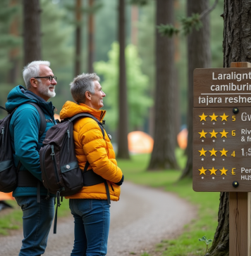 Camping: qu’est-ce qui influe sur le nombre d’étoiles ? Couple de randonneurs souriants devant panneau d information camping