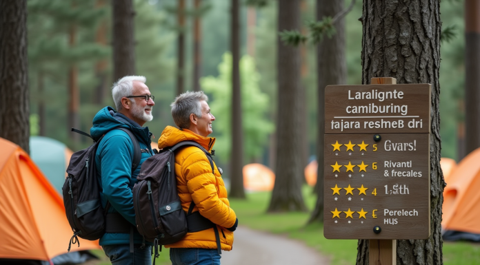 Couple de randonneurs souriants devant panneau d information camping