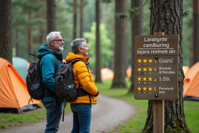 Couple de randonneurs souriants devant panneau d information camping
