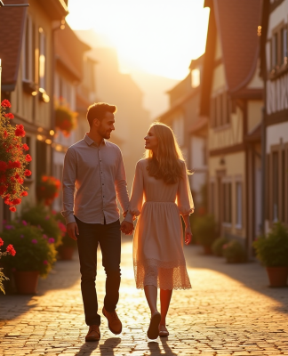 Couple main dans la main dans un village alsacien pittoresque