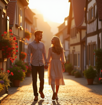 Couple main dans la main dans un village alsacien pittoresque