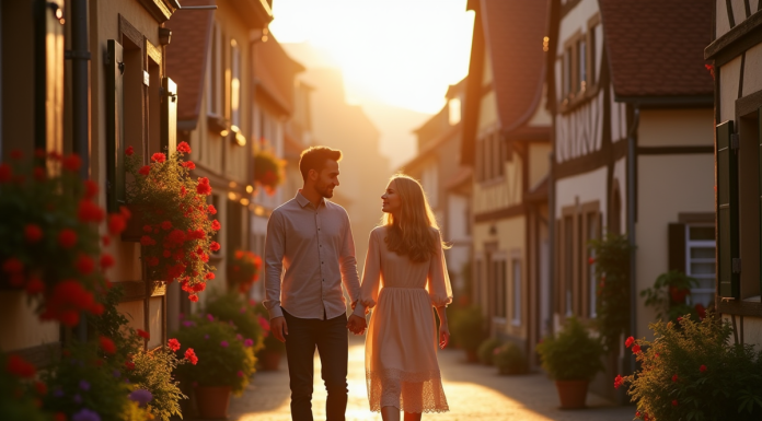 Couple main dans la main dans un village alsacien pittoresque