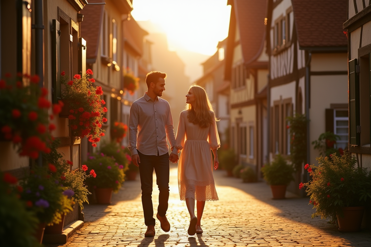 Couple main dans la main dans un village alsacien pittoresque