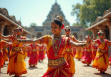 Danseurs indiens traditionnels en extérieur devant un temple ancien