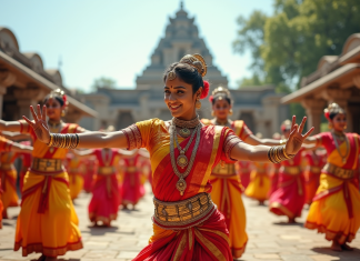 Patrimoine culturel immatériel en Inde : combien de sites ? Danseurs indiens traditionnels en extérieur devant un temple ancien