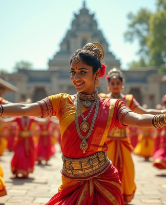 Danseurs indiens traditionnels en extérieur devant un temple ancien
