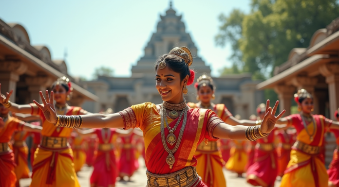 Danseurs indiens traditionnels en extérieur devant un temple ancien