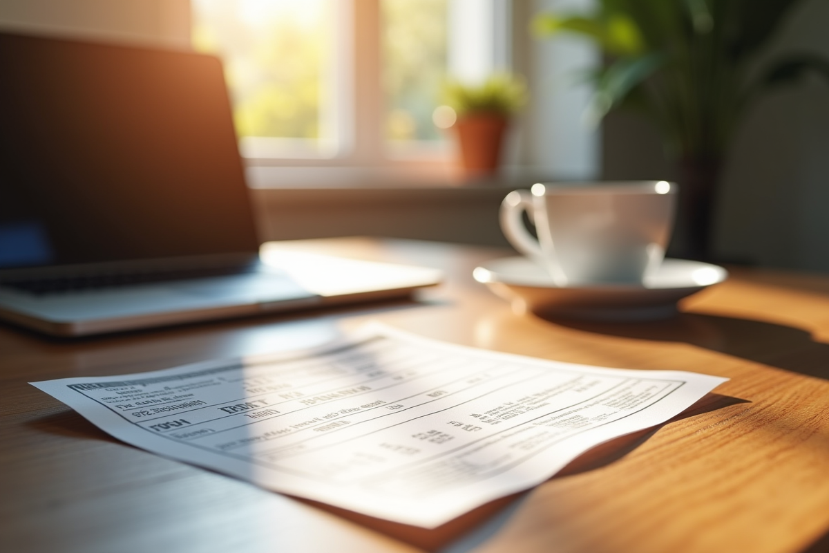 Billet électronique imprimé sur un bureau avec ordinateur et café