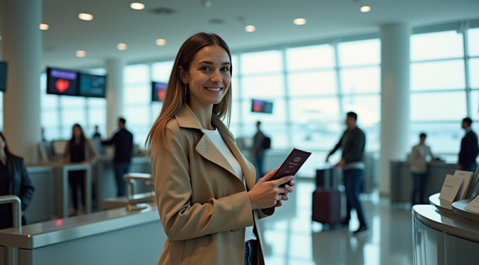 Jeune femme à l'aéroport remettant son passeport
