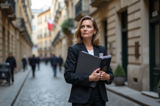 Femme d affaires avec documents et passeport devant un bâtiment européen