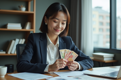 Femme d affaires japonaise tenant des yens dans un bureau