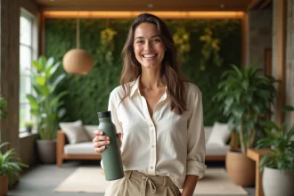 Jeune femme souriante dans un lobby écologique