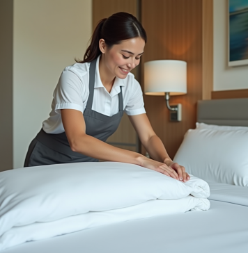 Hôtels : secrets des draps blancs, révélation surprenante ! Femme de chambre en uniforme lisse des draps blancs dans une chambre d'hôtel